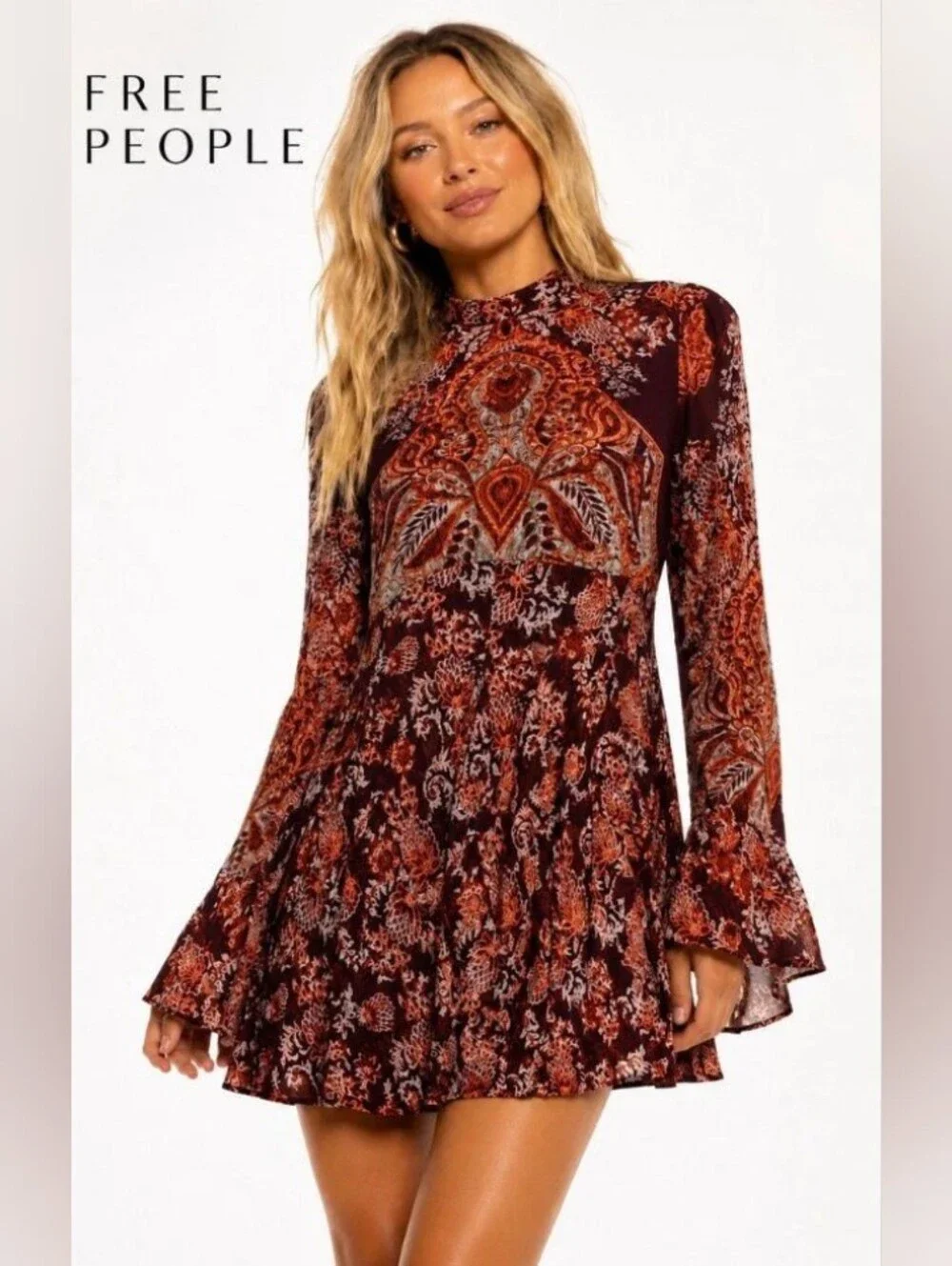Free People Rust & Burgundy Paisley Long-Sleeve Mini Dress